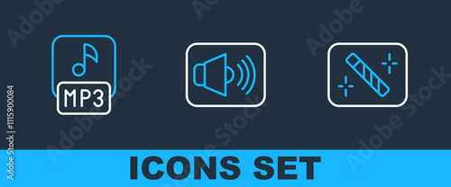 Set line Photo retouching, MP3 file and Speaker volume icon. Vector