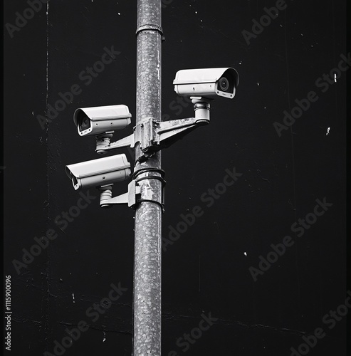 Surveillance cameras mounted on a pole monitor urban area in black and white photo