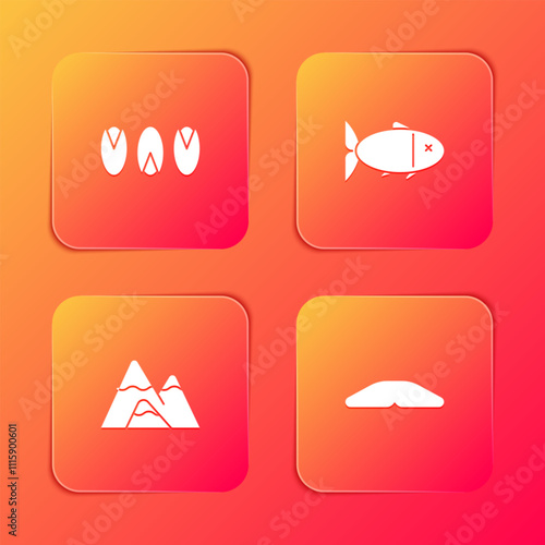Set Pistachio nuts, Fish, Mountains and Homemade pie icon. Vector