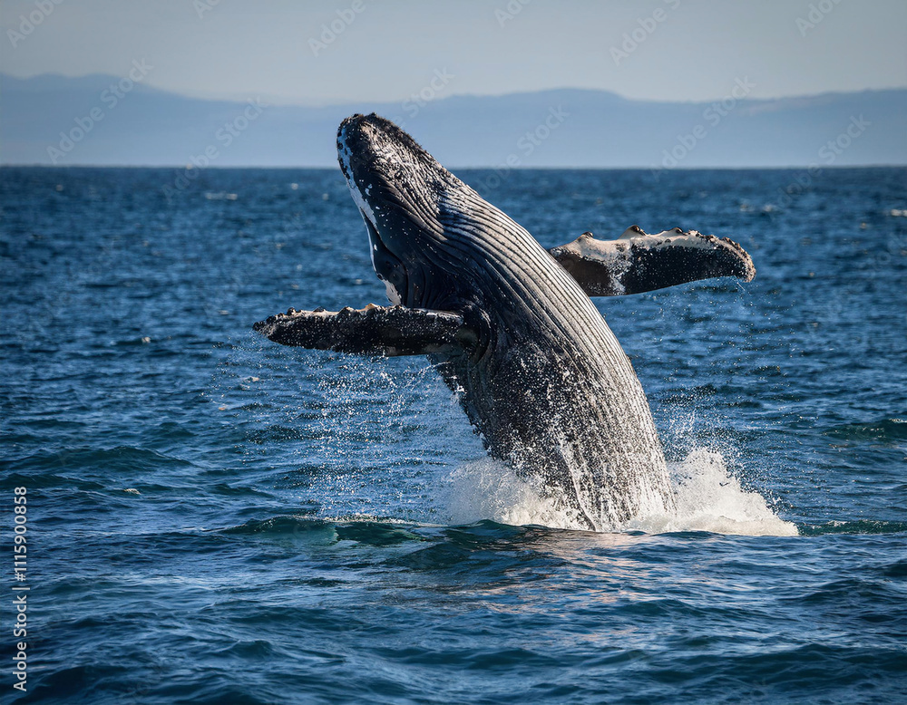 Fototapeta premium A humpback whale breaching above the ocean surface with mountains visible in the background.