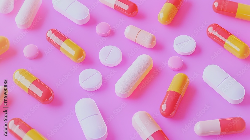A pile of multicolored tablets representing a variety of therapeutic medications prescribed by a doctor for flu, antibiotics, and other pharmacy-related treatments. A pile of multicolored tablets representing a variety of therapeutic medications prescribed by a doctor for flu, antibiotics, and other pharmacy-related treatments.