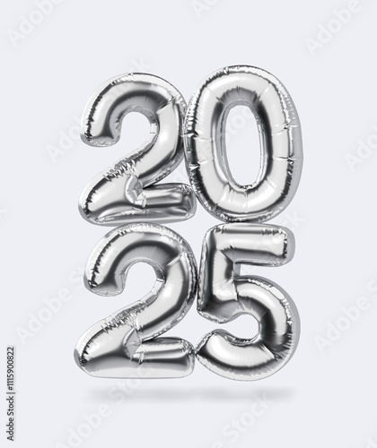 2025 silver helium balloons. 3D rendering. 2025 numbers. Happy new year symbol.