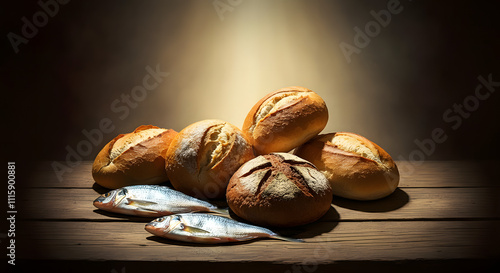 Five Loaves and Two Fish, Catholic Still Life Illustration