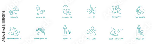 Premium Natural Oils Vector Icon Set: Walnut, Almond, Avocado, Argan, Borage, Tea Seed, Apricot Kernel, Wheat Germ, Jojoba, Pine Nut, Sea Buckthorn, Neem