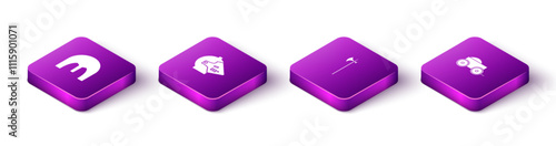 Set Isometric Medieval iron helmet, , halberd and Wooden four-wheel cart icon. Vector