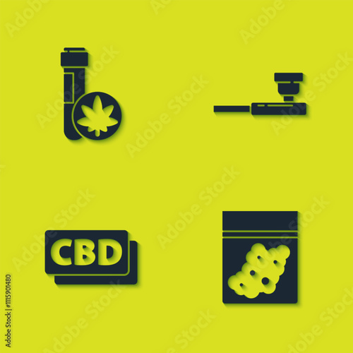 Set Chemical test tube with marijuana, Plastic bag of cannabis, Cannabis molecule and Smoking pipe icon. Vector