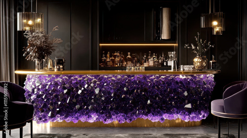 Expensive bar interior with bar counter made of amethyst crystals photo