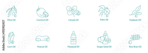 Comprehensive Cooking Oils Vector Icon Set: Olive, Coconut, Canola, Palm, Soybean, Corn, Peanut, Flaxseed, Grape Seed, Rice Bran