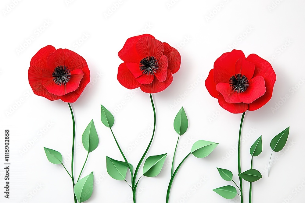 Fototapeta premium Red poppy flowers in a row on white. Flat lay. Top view 