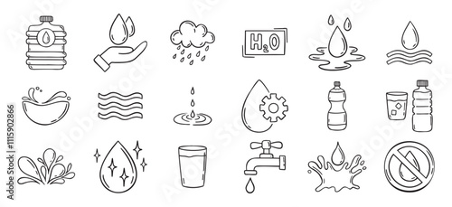 Water doodle hand drawn icons set. Water drawing sketch signs 