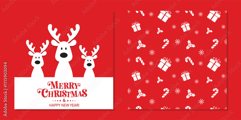 Cute Christmas reindeer on a red background. Christmas background, banner, or card. Vector Unique Xmas design.