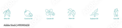 Versatile Cooking Oils Vector Icon Set: Olive, Coconut, Canola, Palm, Soybean, Corn