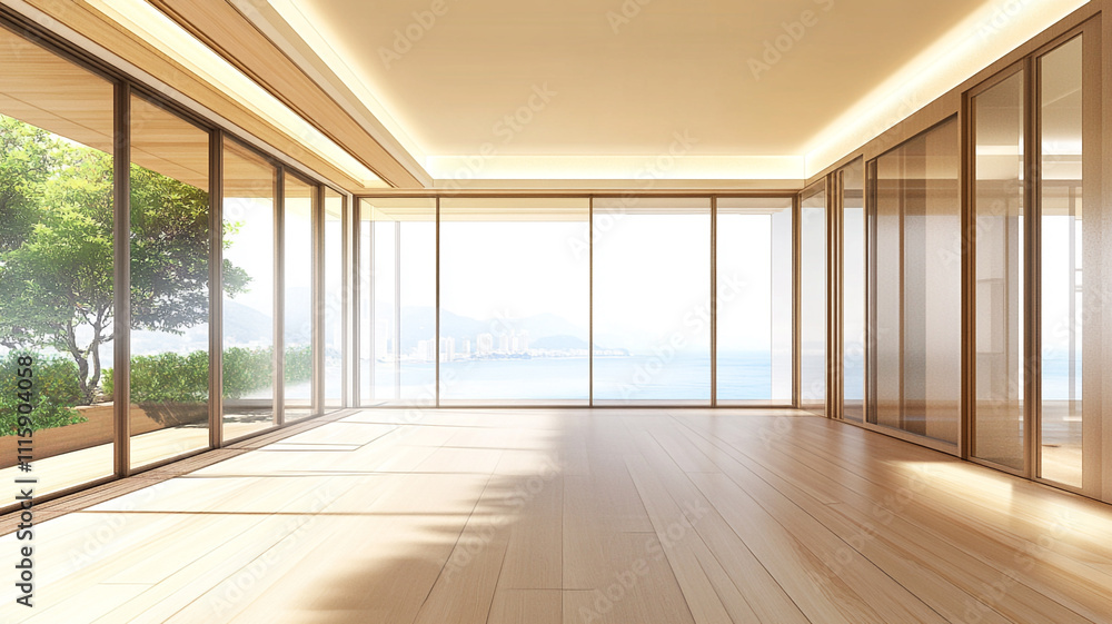 Fototapeta premium Empty room with a light wood floor and large windows