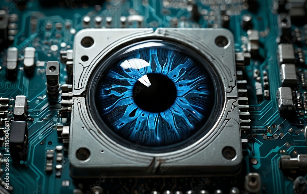 Fototapeta premium Close-up of a blue iris embedded in a circuit board, representing technological surveillance.