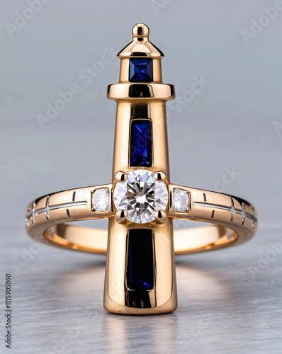 Diamond and sapphire lighthouse themed ring with beams etched into the shank 