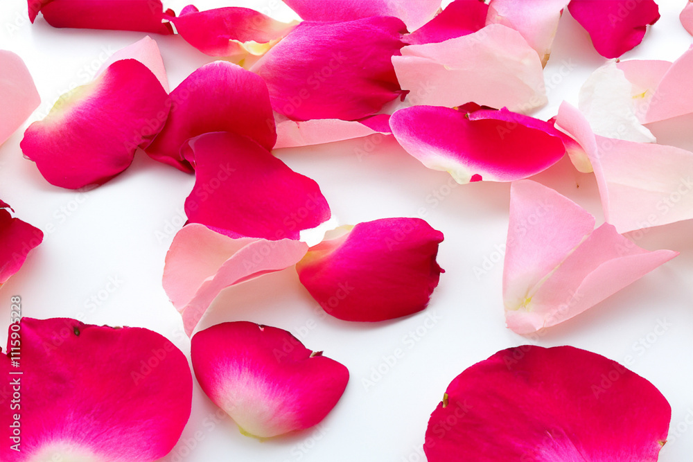 Fototapeta premium White background with pink rose petals. Rose petals white background pink flowers lies. Pink flowers with white petals lying on a pink background. Rose petals on white lifestyle background.