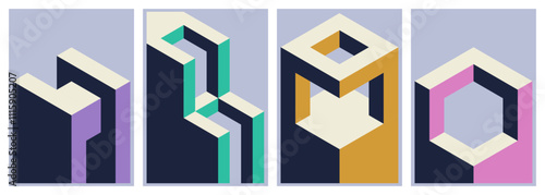 Set of isometric vector elements, architectural shapes and monoliths for covers, posters, cards, flyers or branding.