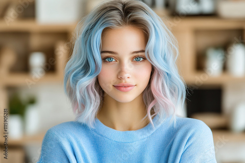 Blonde blue haired Gen Z student indoor, store backdrop photo