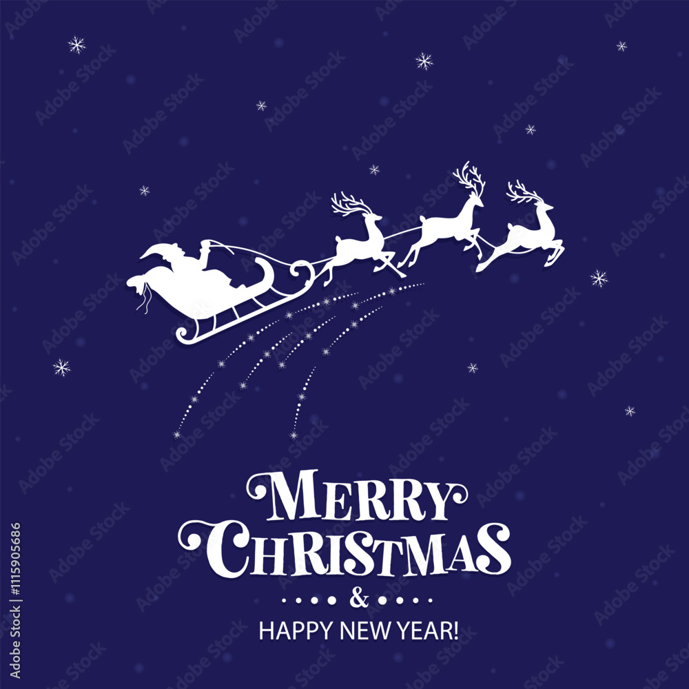 Christmas winter banner with Santa, sleigh and reindeer. Santa is flying through the night sky under the Christmas forest. vector illustration EPS10. Christmas Background or Banner.