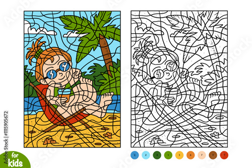 Cartoon girl on a deck-chair. Color by number for kids