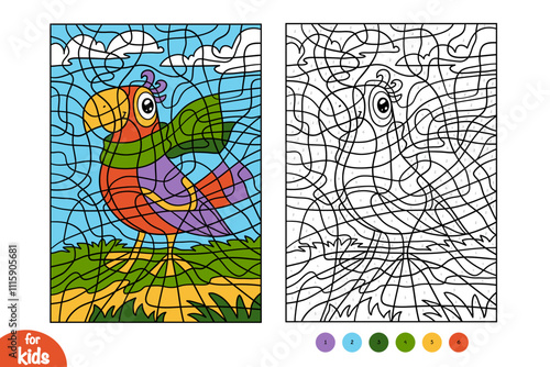 Cartoon parrot in a scarf. Color by number, education game for kids