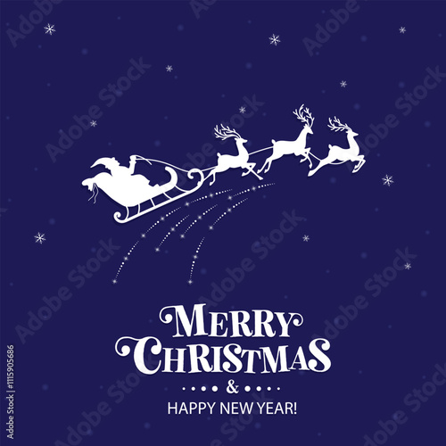 Obraz na płótnie Christmas winter banner with Santa, sleigh and reindeer. Santa is flying through the night sky under the Christmas forest. vector illustration EPS10. Christmas Background or Banner. w salonie