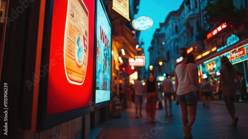 Illuminated City Street Night Scene With Bright Signage