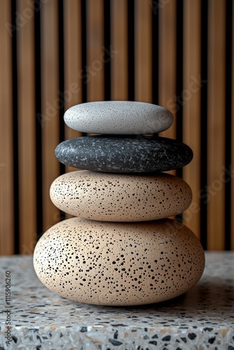 A zen garden concept rooted in sheng fui Buddhism, featuring stone and sand, set in a serene Japanese rock garden, offering a tranquil spa experience for zen concentration and relaxation. photo