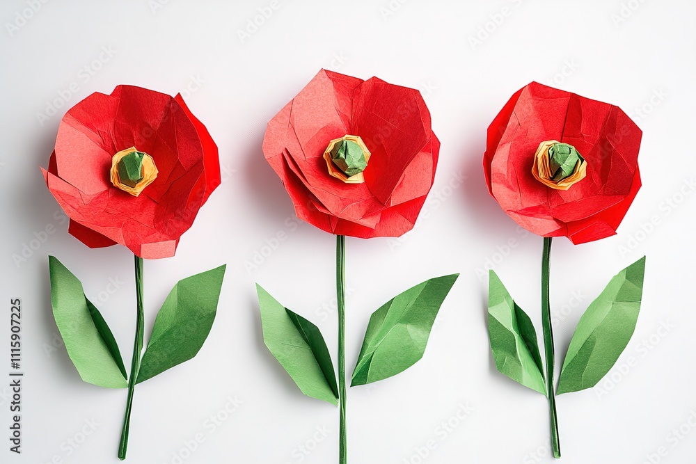 Fototapeta premium Paper poppy flowers with leaves on pink background 