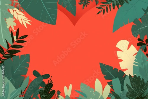 Tropical Heart Frame: Vibrant illustration of lush tropical leaves forming a heart shape on a coral background, perfect for summer designs and invitations.