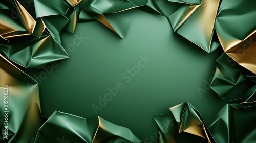 An abstract artwork of green and gold folded textures framing an empty center, creating a dynamic border effect with visual emphasis on symmetry and balance. photo