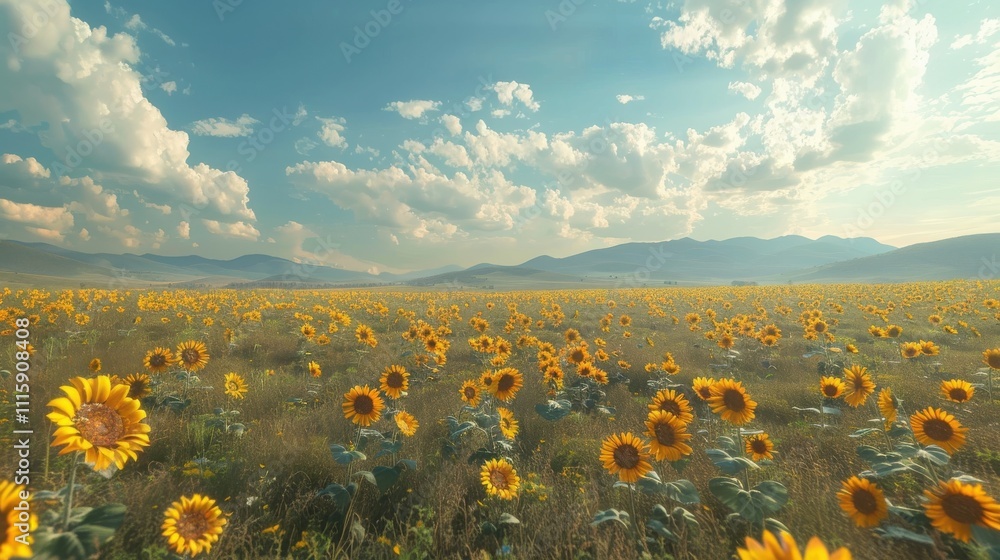 Fototapeta premium Breathtaking Ultra HD Image of a Vast Sunflower Field Stretching Toward the Horizon Ideal for Agricultural, Nature, and Landscape Projects