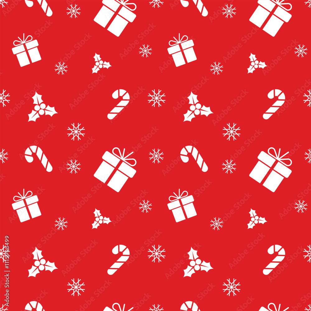 Christmas icon with Seamless pattern, giftboxes, Sugar cane, Holly Berry, snow flakes for fabric print, wrapping paper.