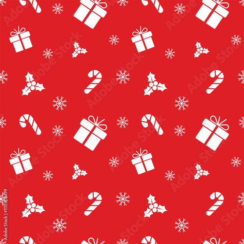 Obraz na płótnie Christmas icon with Seamless pattern, giftboxes, Sugar cane, Holly Berry, snow flakes for fabric print, wrapping paper. w salonie