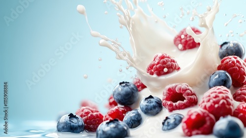 An appealing milk splash accentuated by an assortment of mixed berries including raspberries and blueberries set against a serene background, showcasing freshness. photo