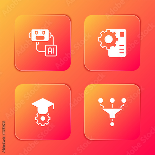 Set Artificial intelligence robot, Neural network, Graduation cap and Funnel filter icon. Vector