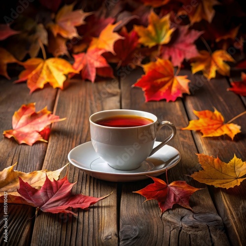 An autumn background featuring a cup of tea and red leaves on a dark surface, viewed from above with copy space
