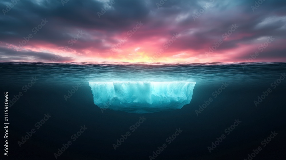 Obraz premium Dramatic Iceberg Ocean Sunset Arctic Antarctic Climate Change Global Warming Frozen