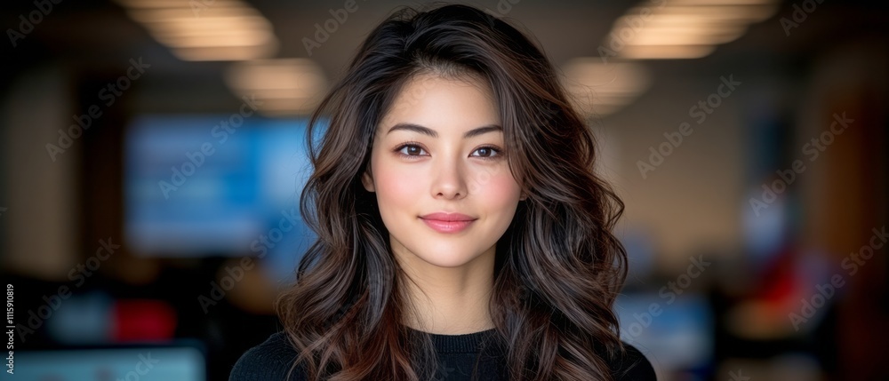 Fototapeta premium Young woman with wavy hair is smiling in a professional setting full of computers