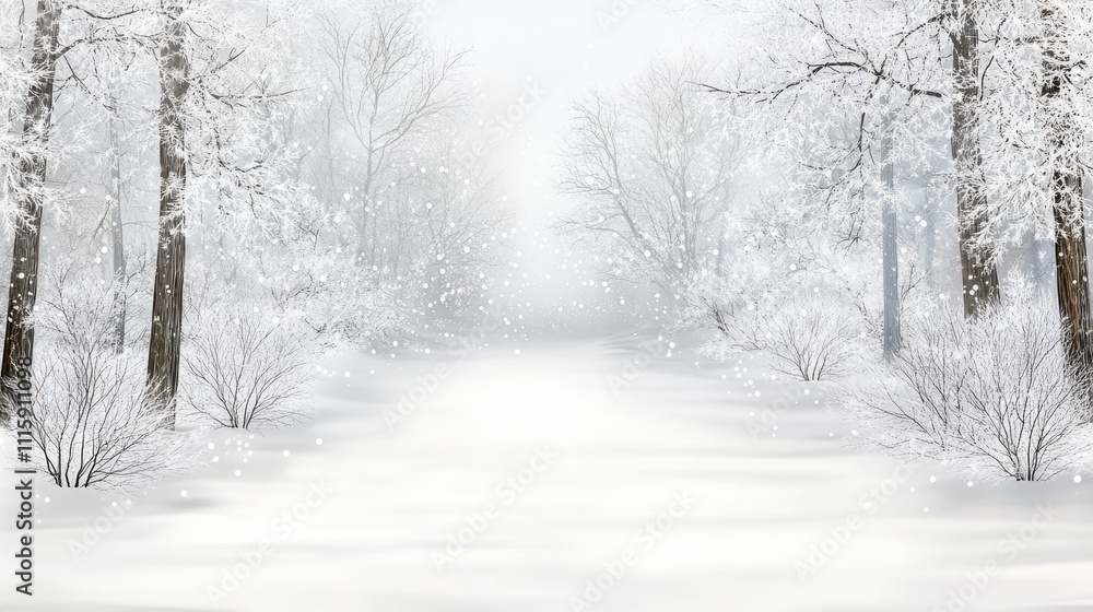 Fototapeta premium A serene winter landscape features a forest of snow-covered trees with a gently flowing river illuminated by a soft sunrise in pastel hues