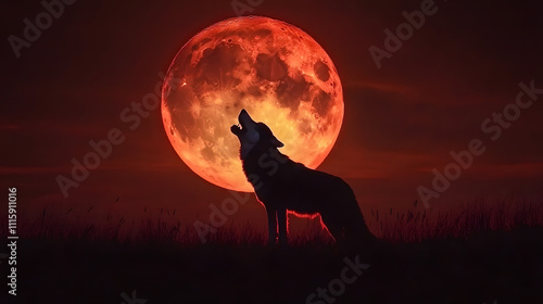 A majestic wolf stands silhouetted against a strikingly vibrant red moon, howling into the night, capturing the essence of wild nature and mystery.
