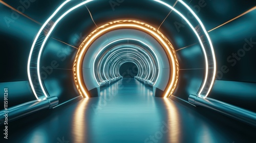 A visually stunning, futuristic corridor lined with radiant, colorful arches invites exploration and symbolizes technology, innovation, and the allure of the unknown. photo