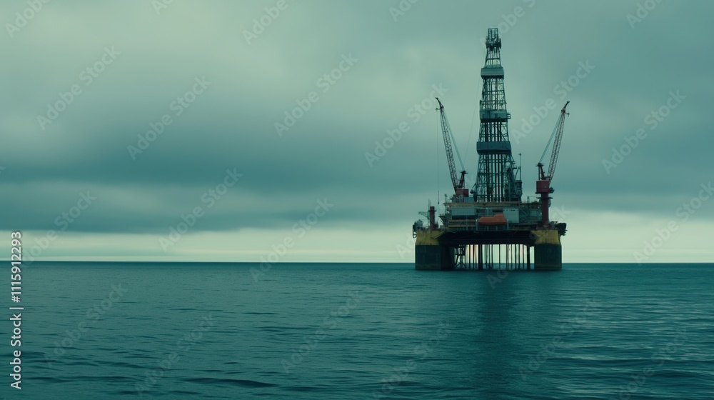 Fototapeta premium Offshore oil and gas jack-up platform during cargo operations with supply vessel in the ocean. Oil and Gas Industry