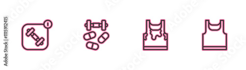 Set line Fitness app, Sweaty sleeveless t-shirt, Sports doping with dumbbell and Sleeveless icon. Vector