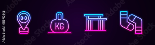 Set line Location gym, Weight, Uneven bars and Socks. Glowing neon icon. Vector