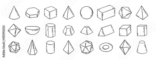 Three dimensional Hand Drawn Sketch Geometry Shapes. Doodle outline 3d geometry shapes. 