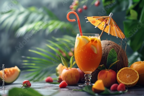 Refreshing tropical fruit cocktail with umbrella garnish, surrounded by fresh fruits and lush foliage. photo