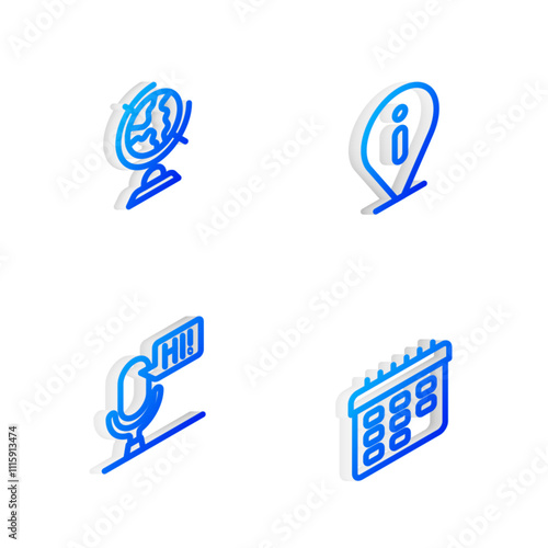 Set Isometric line Information, Earth globe, Microphone voice device and School timetable icon. Vector