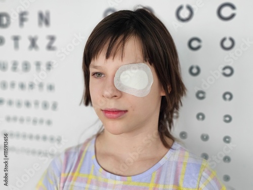 Foto Child undergoing eye patch treatment in an optometry clinic for vision improveme
