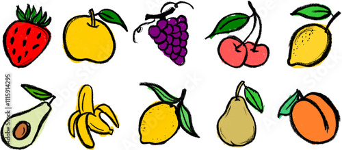 Fruit Colorful Drawing Icons Crayon Chalk Vector Set